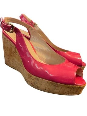 Stuart Weitzman Pink Patent Leather Jean Peep Toe Cork Wedge Slingback Sandals